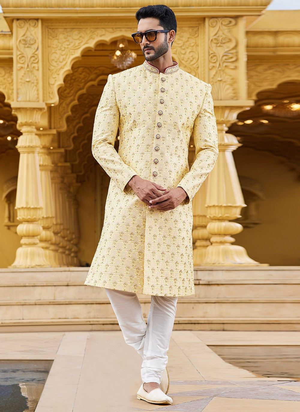 Machine Embroidery Art Silk Yellow Sherwani - M6099