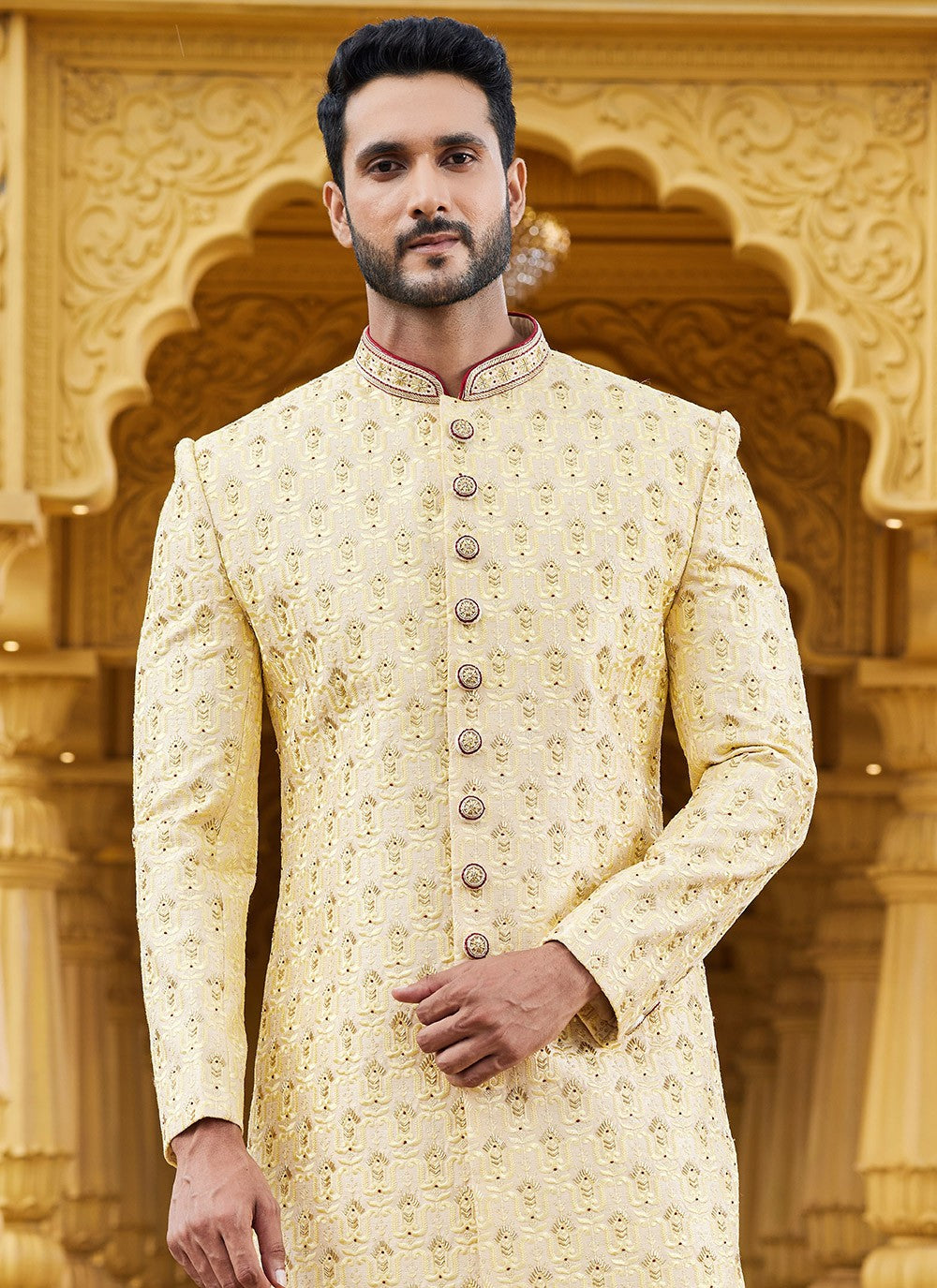 Machine Embroidery Art Silk Yellow Sherwani - M6099