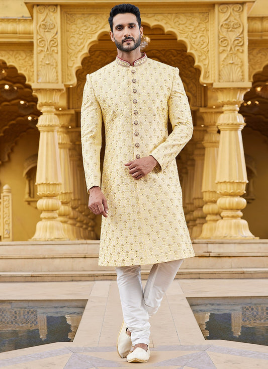 Machine Embroidery Art Silk Yellow Sherwani - M6099