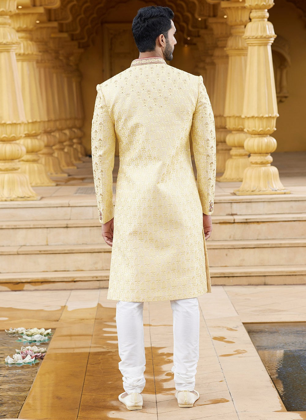 Machine Embroidery Art Silk Yellow Sherwani - M6099