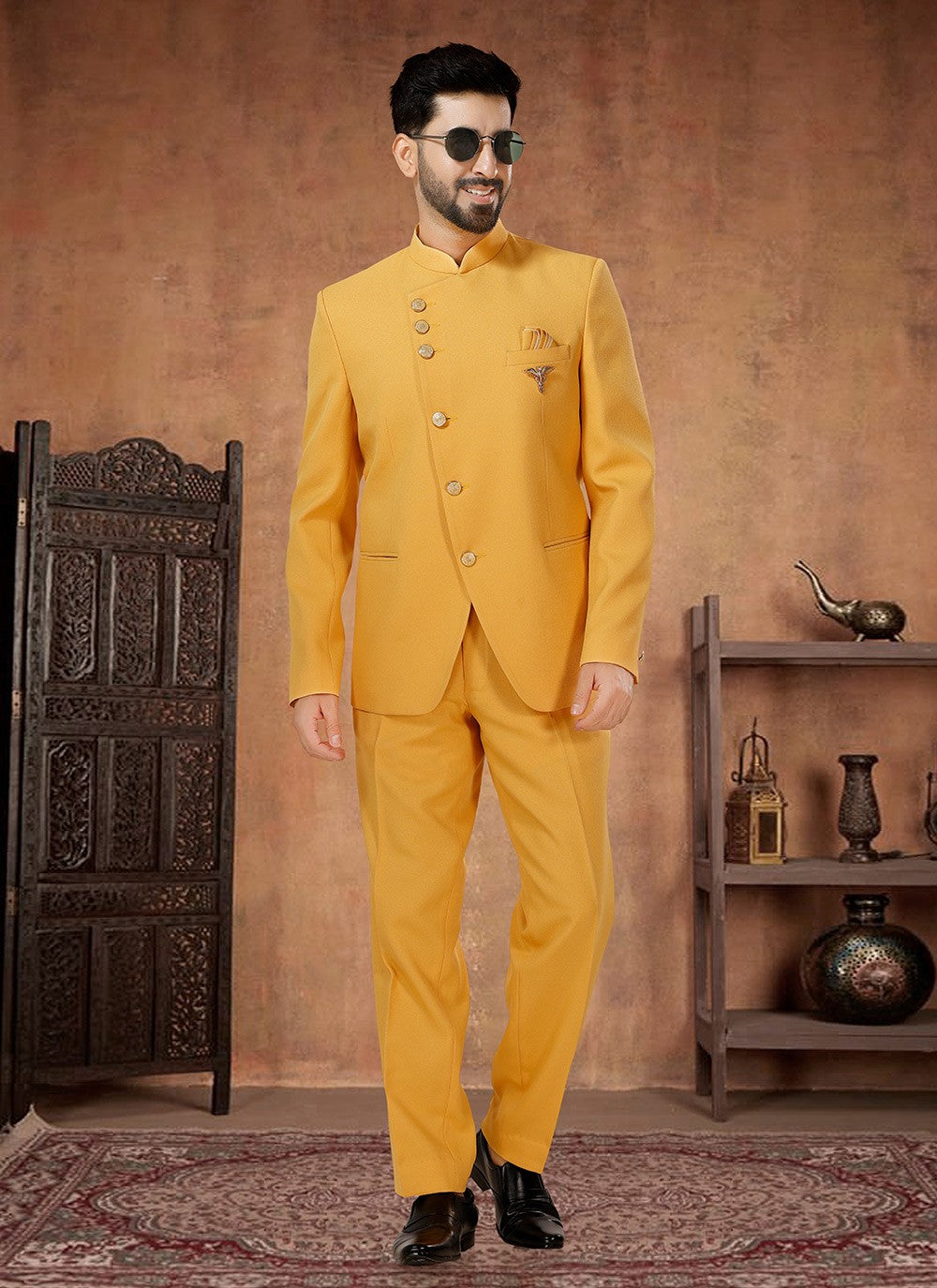 Buttons Rayon Yellow Jodhpuri Suit - M7072