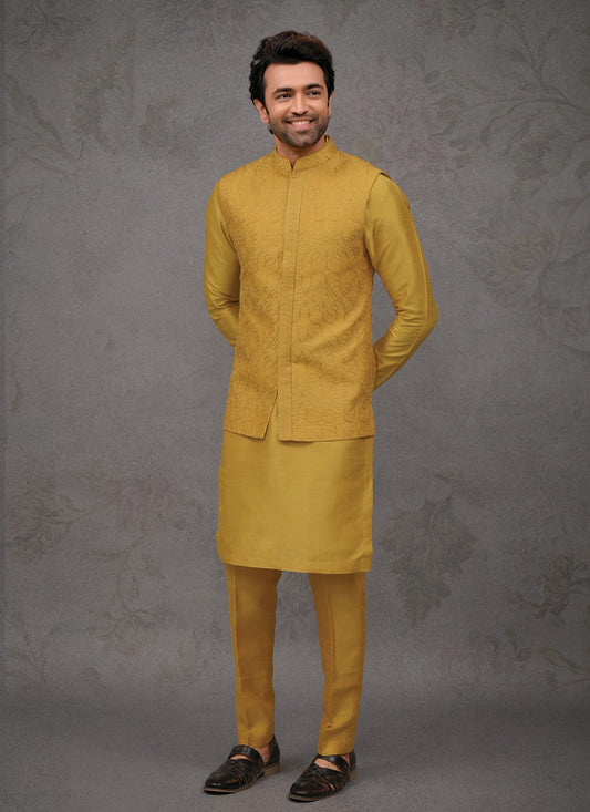 Embroidered Silk Yellow Kurta Payjama With Jacket - M8458