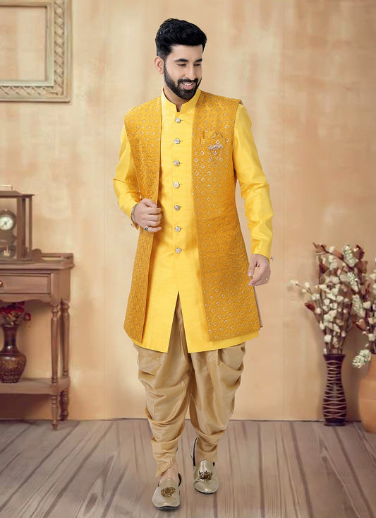 Embroidered Silk Yellow Sherwani - M8509