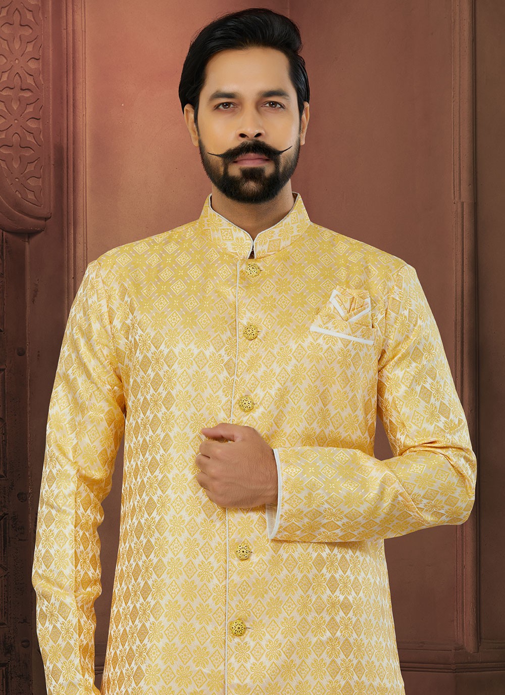 Fancy Work Banarasi Jacquard Yellow Indo Western Sherwani - M5792
