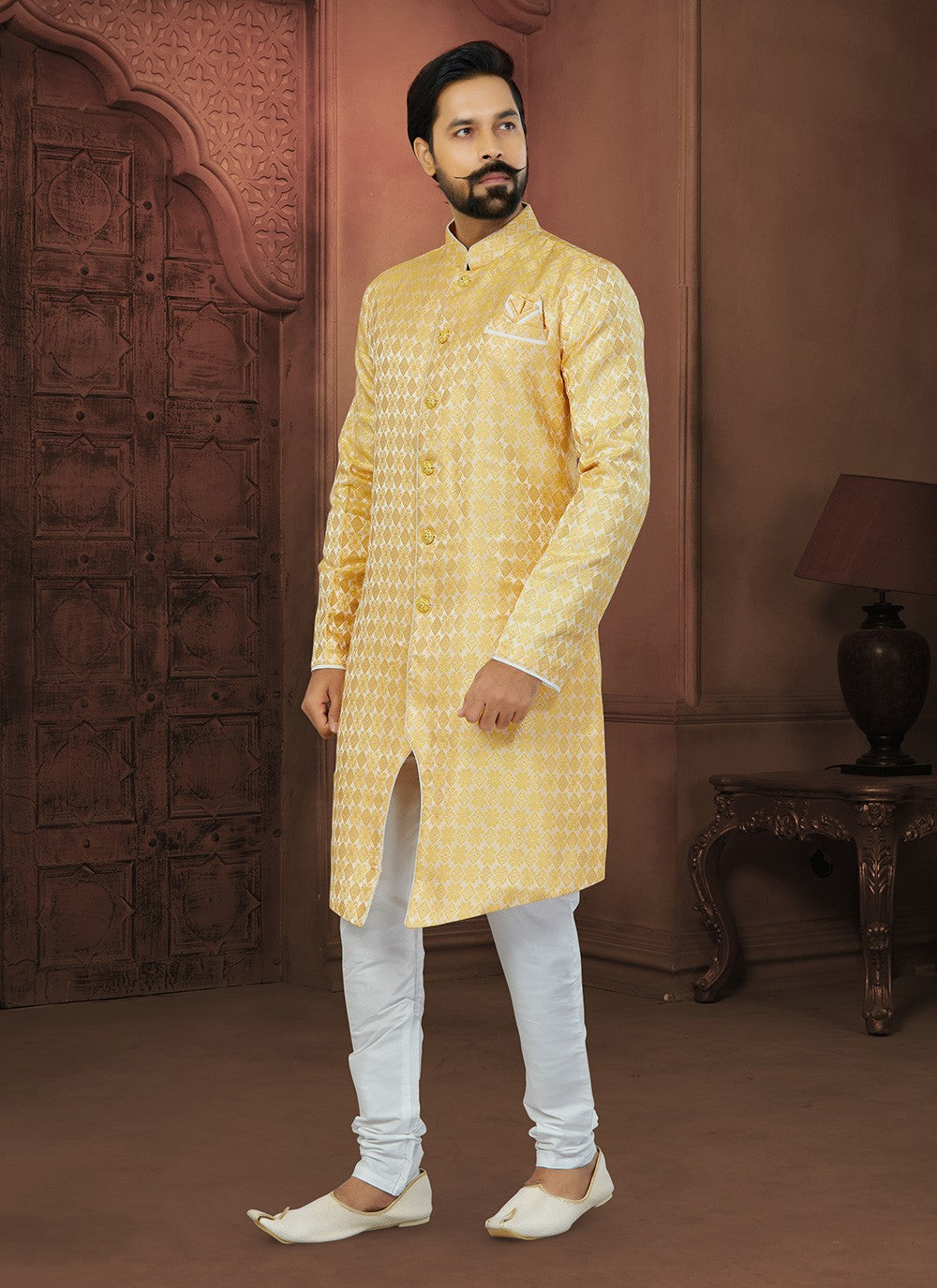 Fancy Work Banarasi Jacquard Yellow Indo Western Sherwani - M5792