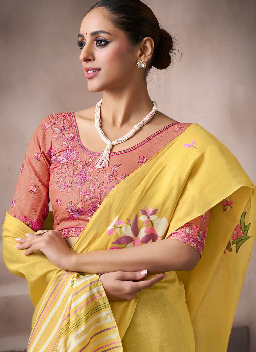 Yellow Cotton Contemporary Saree Fancy Work S19864