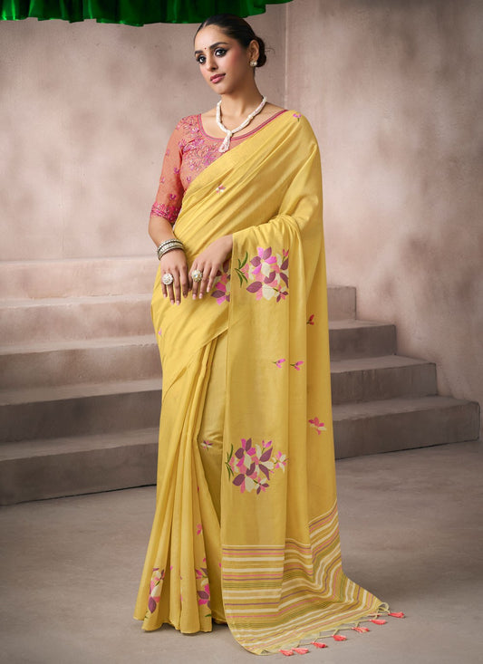 Yellow Cotton Contemporary Saree Fancy Work S19864