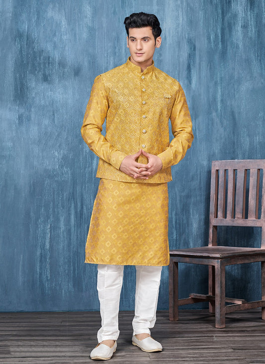 Thread Fancy Fabric Yellow Kurta Payjama With Jacket - M6304