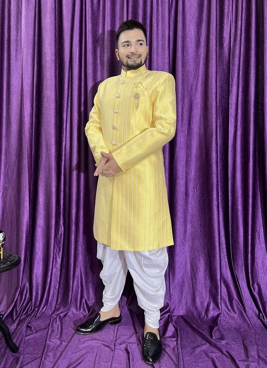 Fancy Work Jacquard Yellow Indo Western - M5696