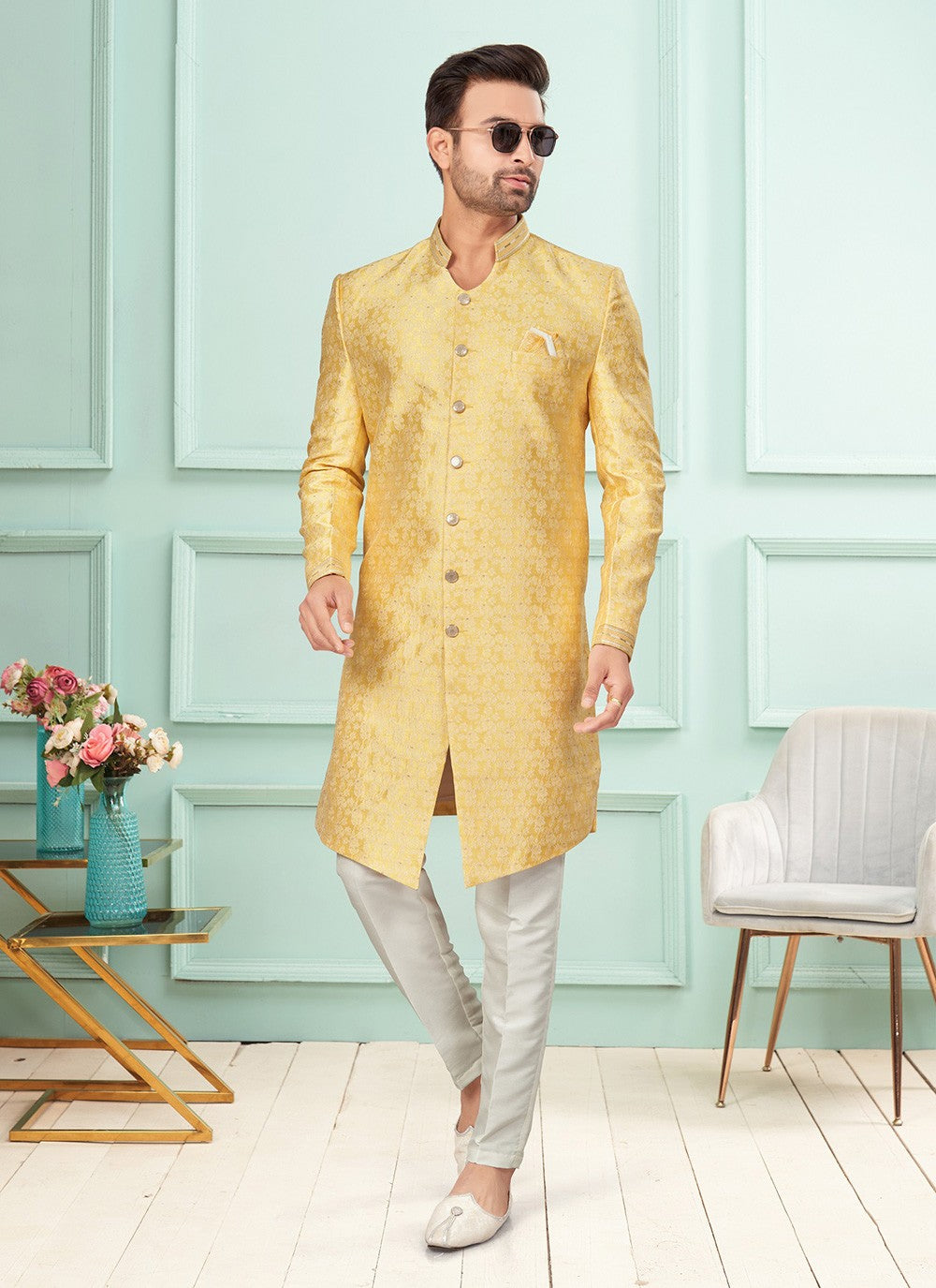 Fancy Work Jacquard Yellow Indo Western - M7266