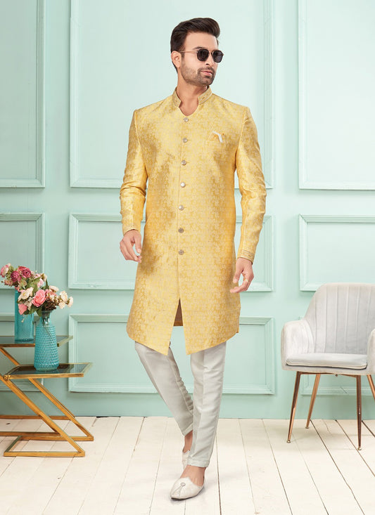 Fancy Work Jacquard Yellow Indo Western - M7266