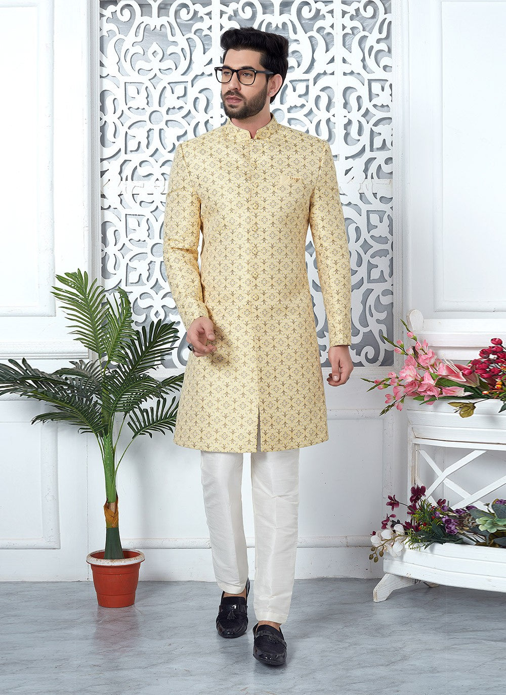 Fancy Work Jacquard Silk Yellow Indo Western - M6623