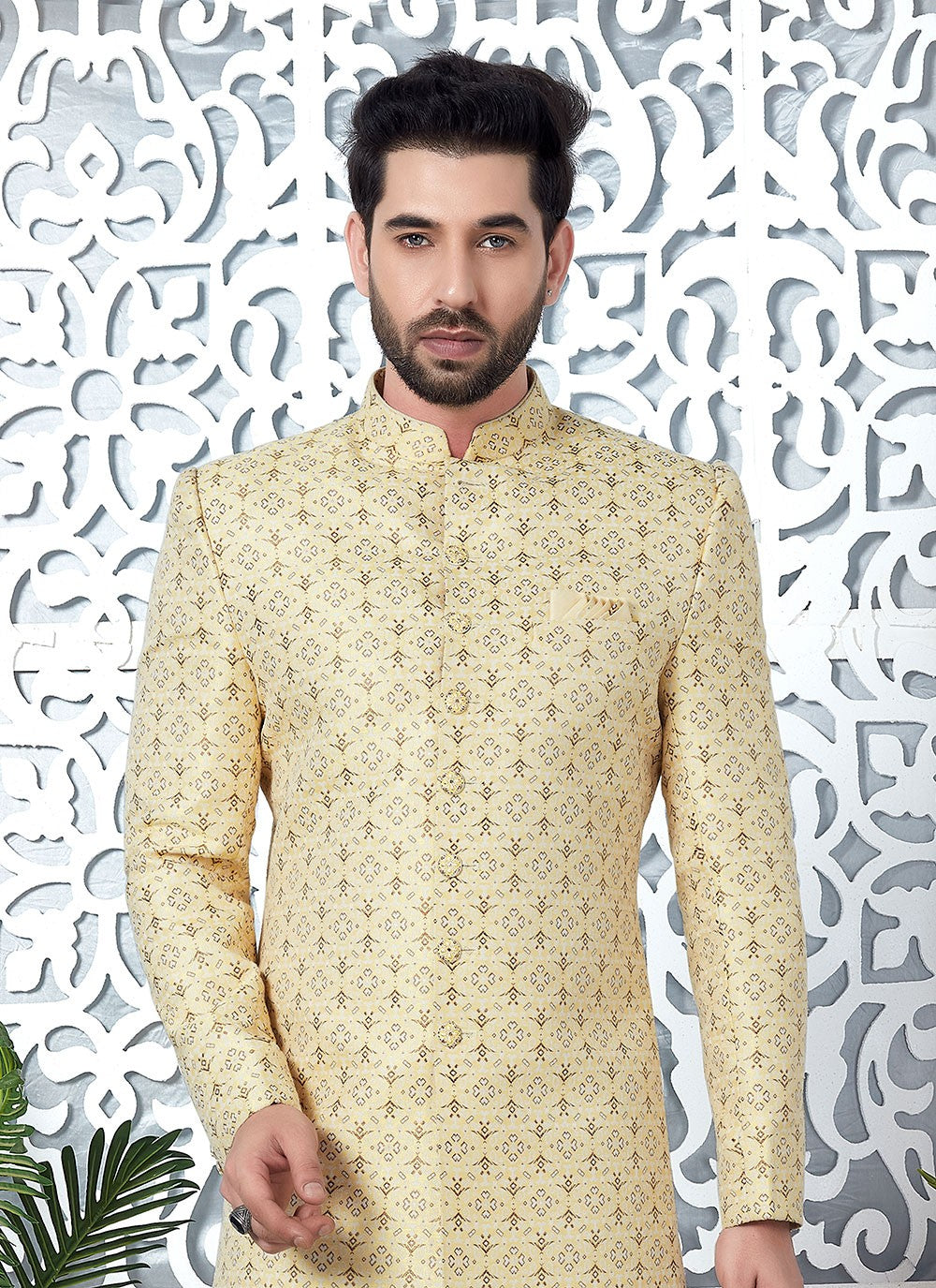 Fancy Work Jacquard Silk Yellow Indo Western - M6623