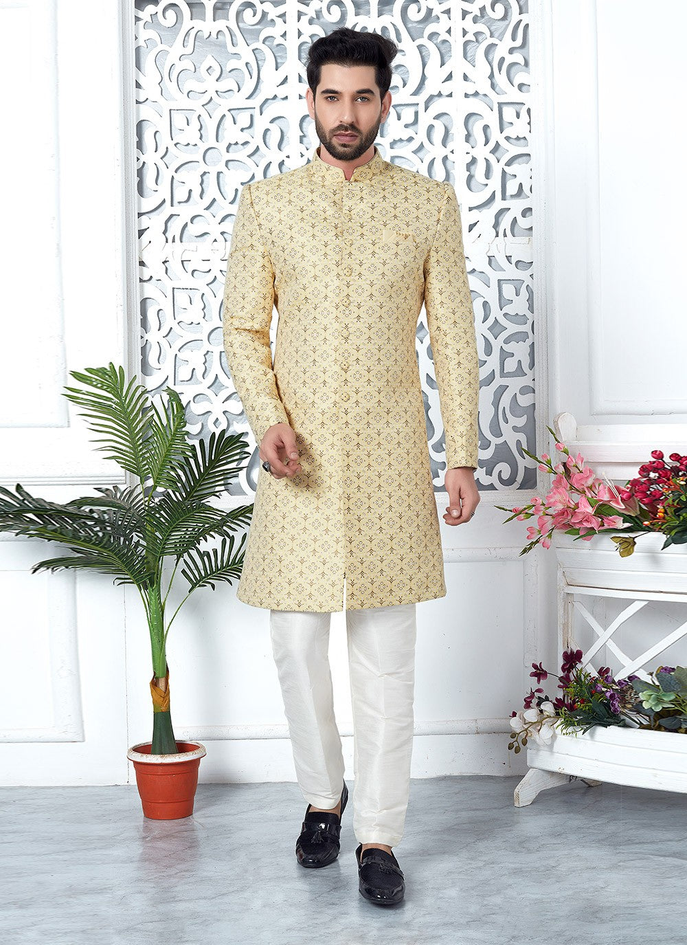 Fancy Work Jacquard Silk Yellow Indo Western - M6623