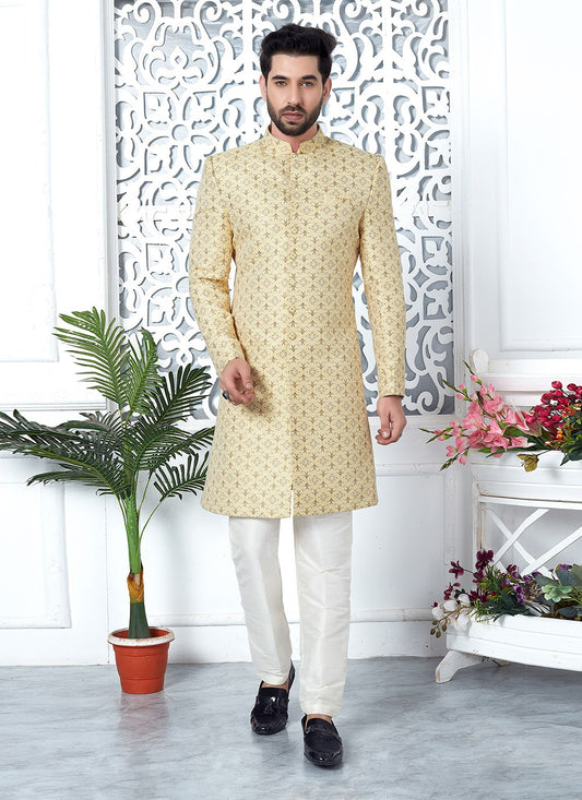 Fancy Work Jacquard Silk Yellow Indo Western - M6623