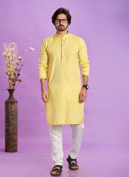 Fancy Work Jacquard Silk Yellow Kurta Pyjama - M6918