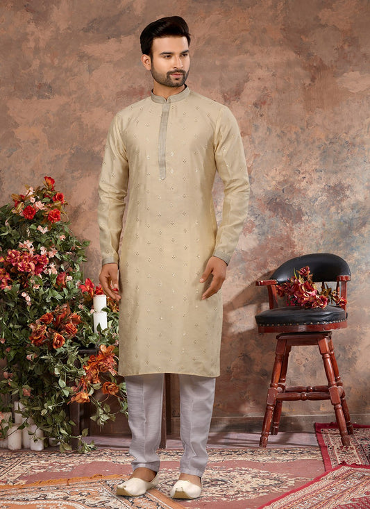 Fancy Work Silk Yellow Kurta - M5627
