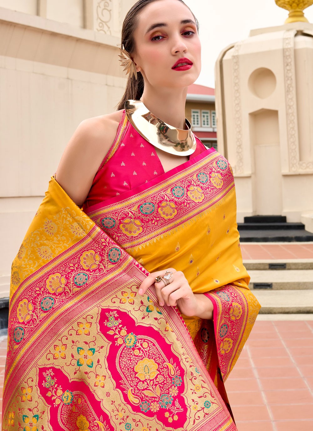 Weaving Zari Banarasi Silk Yellow Saree S14663