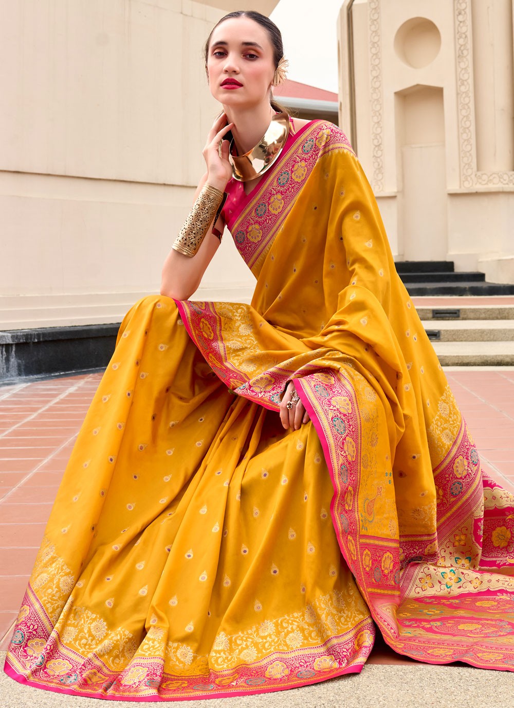 Weaving Zari Banarasi Silk Yellow Saree S14663