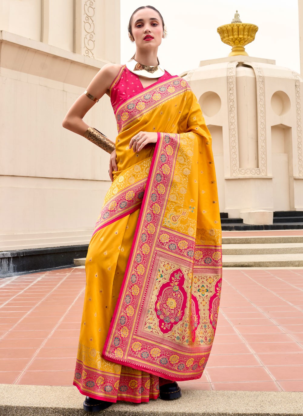 Weaving Zari Banarasi Silk Yellow Saree S14663