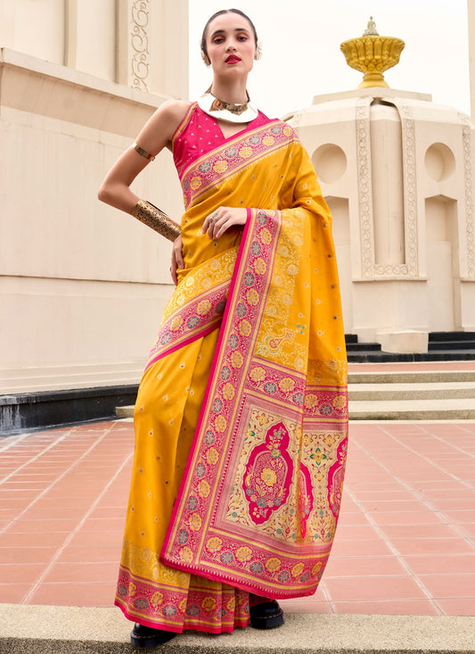 Weaving Zari Banarasi Silk Yellow Saree S14663