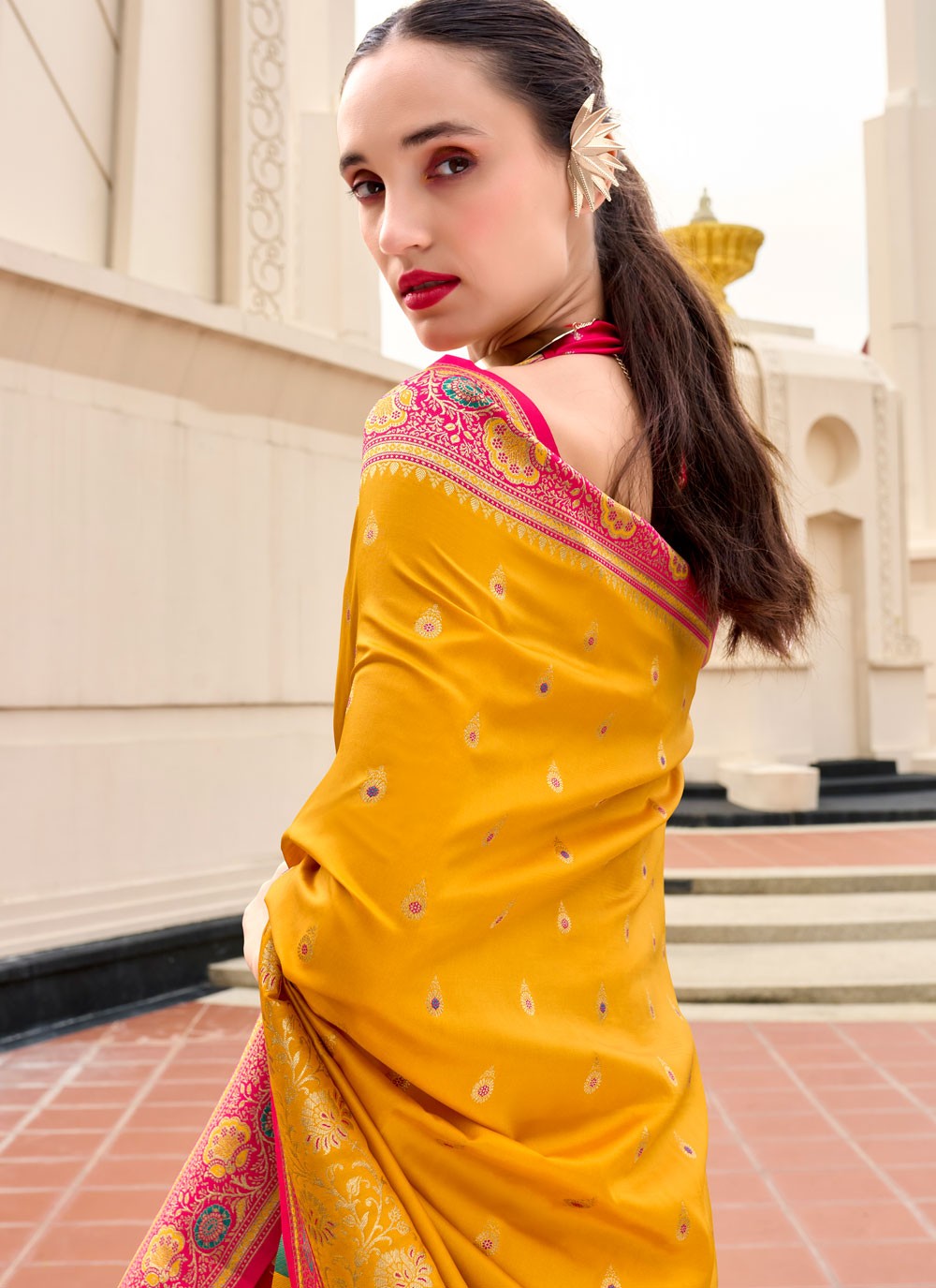 Weaving Zari Banarasi Silk Yellow Saree S14663