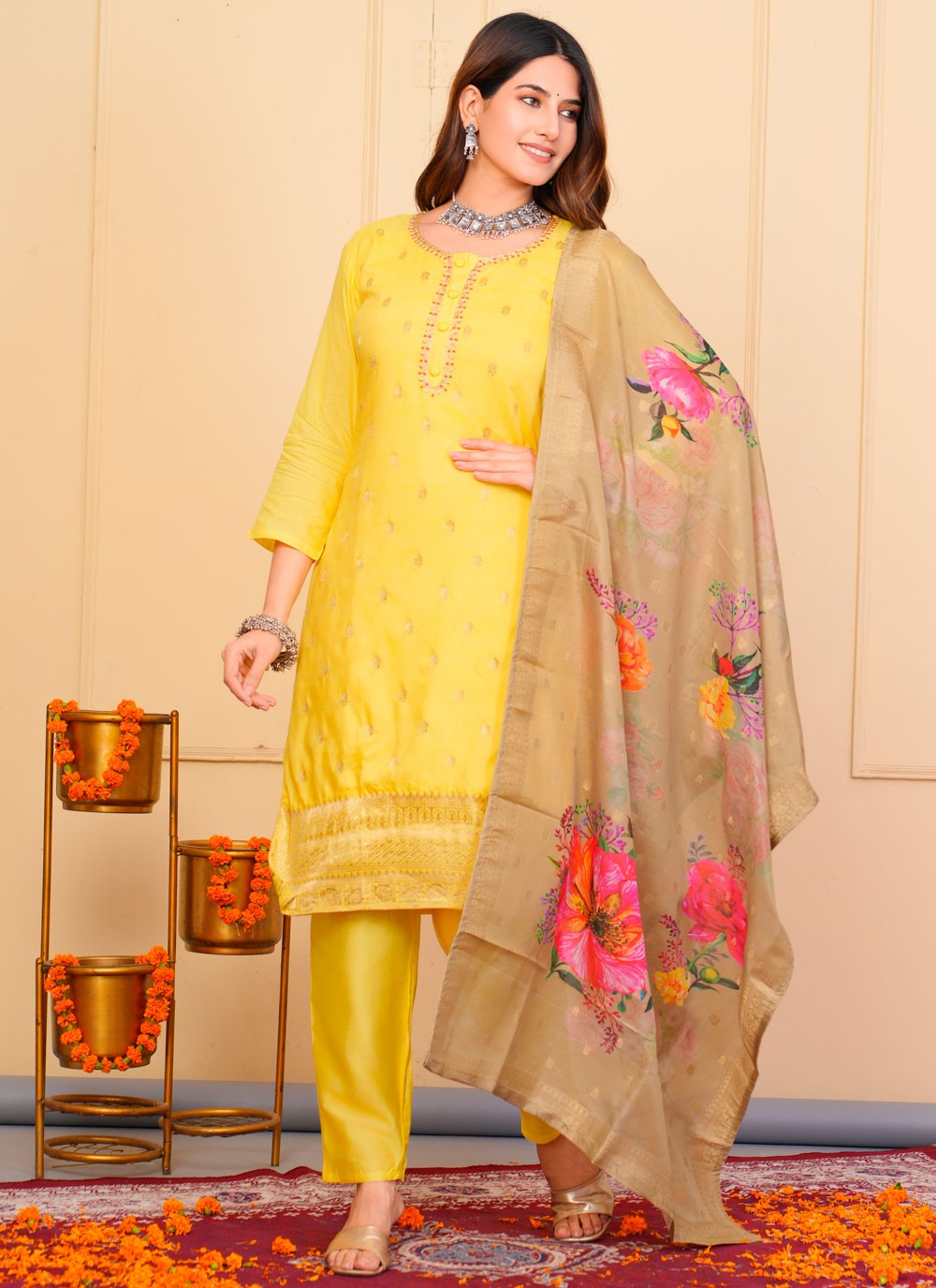 Salwar Suit Embroidered Yellow Jacquard T5137