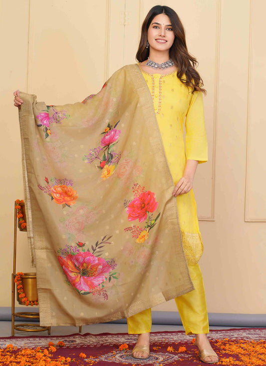 Salwar Suit Embroidered Yellow Jacquard T5137