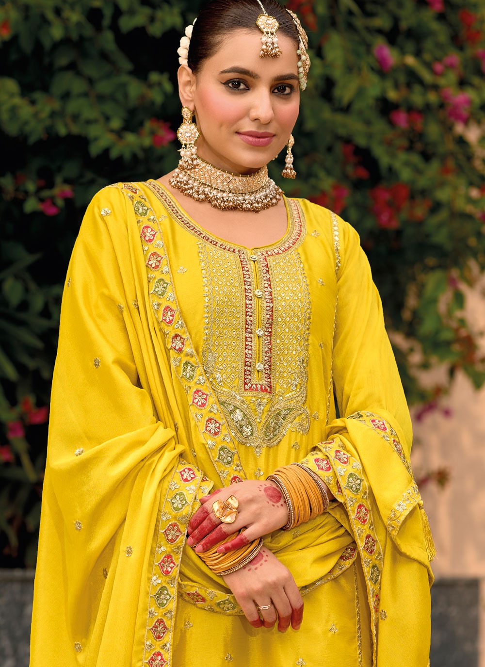 Salwar Suit Embroidered Yellow Chinon T5409