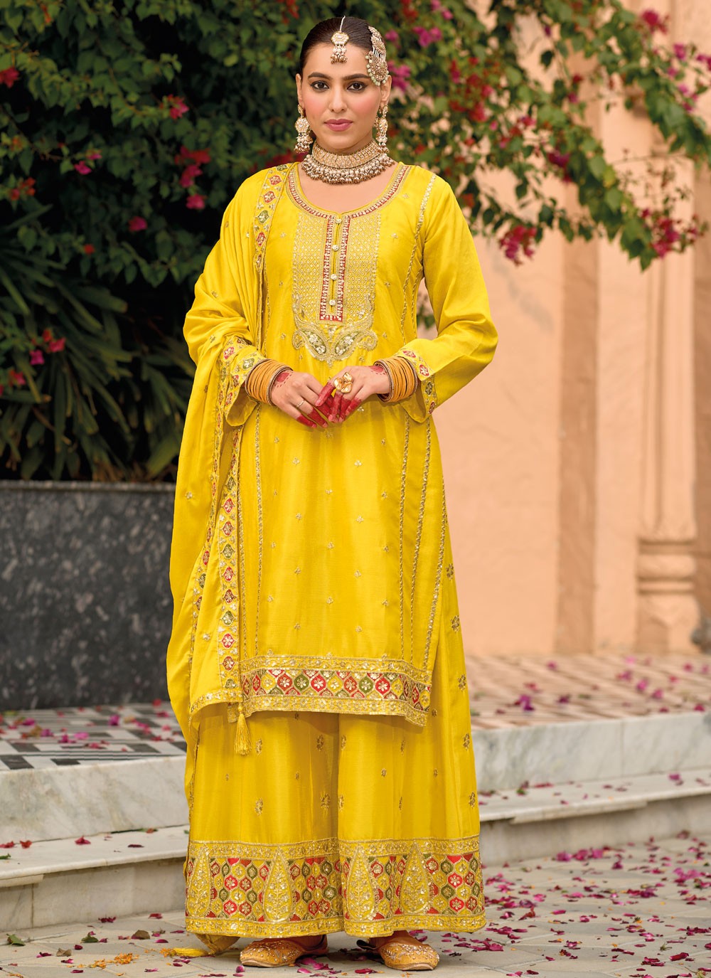 Salwar Suit Embroidered Yellow Chinon T5409