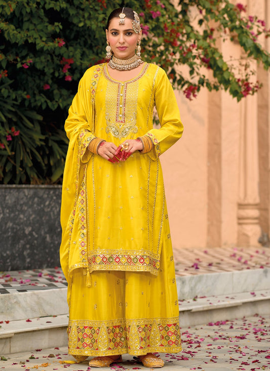 Salwar Suit Embroidered Yellow Chinon T5409