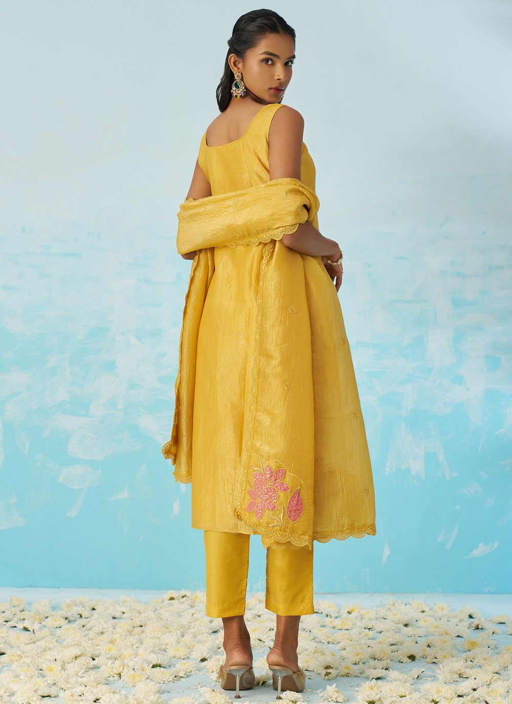 Pant Style Suit Machine Embroidery Yellow T7035