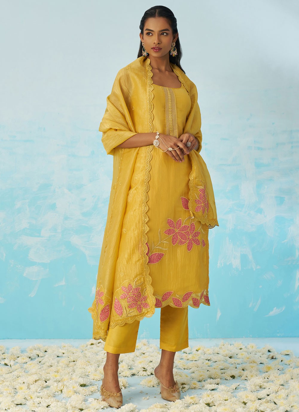 Pant Style Suit Machine Embroidery Yellow T7035