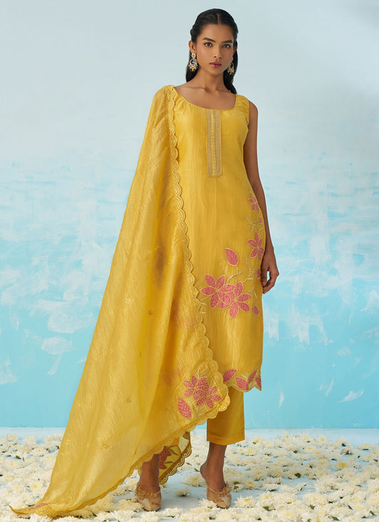 Pant Style Suit Machine Embroidery Yellow T7035