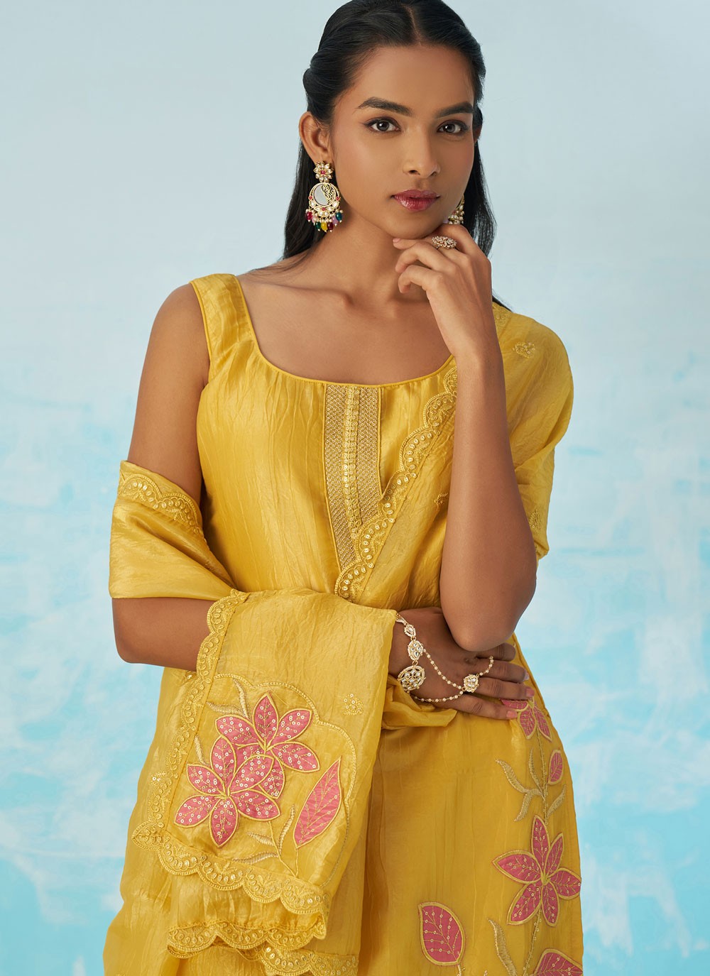 Pant Style Suit Machine Embroidery Yellow T7035