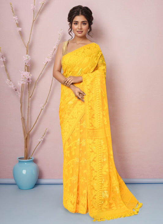 Yellow Blended Cotton Classic Saree Floral Printed S20000