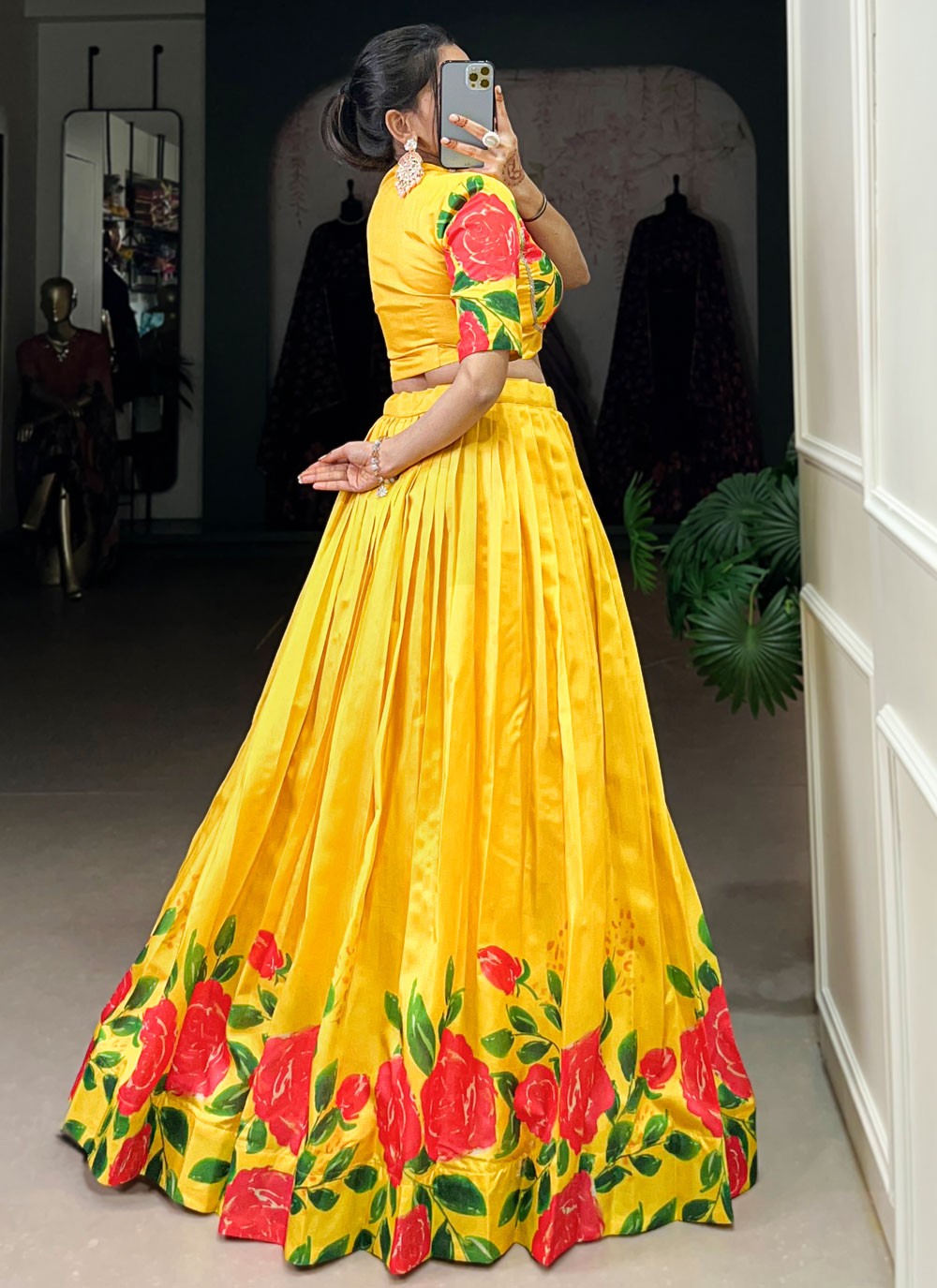 Floral Printed Tussar Silk Yellow Lehenga Choli L3744