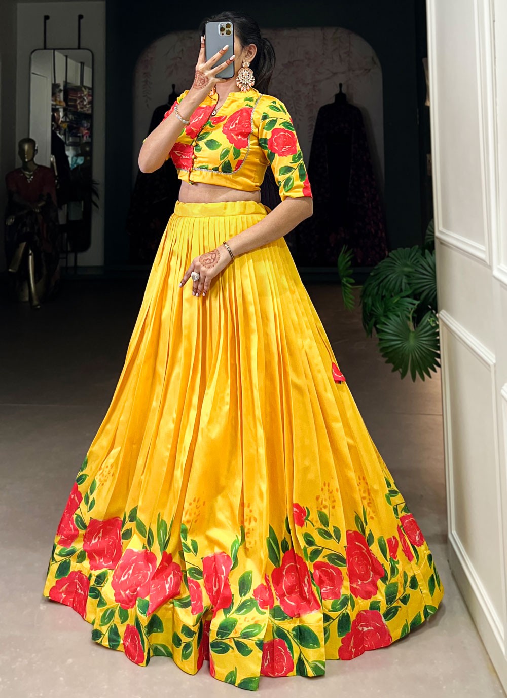 Floral Printed Tussar Silk Yellow Lehenga Choli L3744