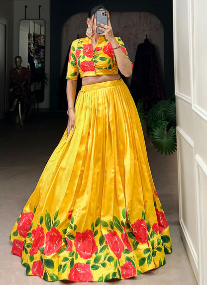 Floral Printed Tussar Silk Yellow Lehenga Choli L3744