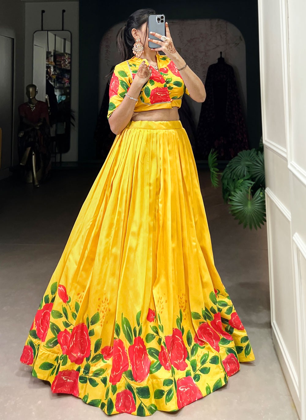 Floral Printed Tussar Silk Yellow Lehenga Choli L3744