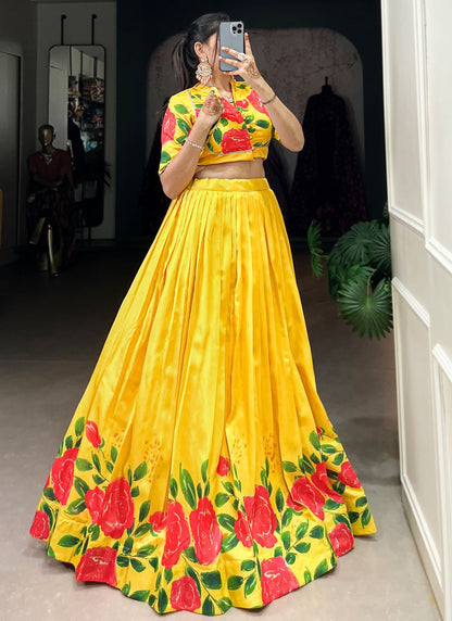 Floral Printed Tussar Silk Yellow Lehenga Choli L3744