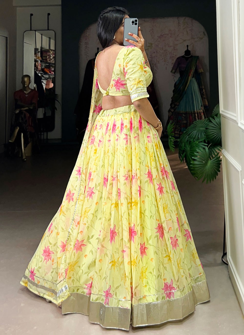 Floral Printed Silk Yellow Lehenga - L3416