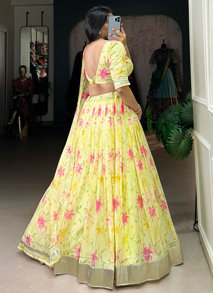 Floral Printed Silk Yellow Lehenga - L3416