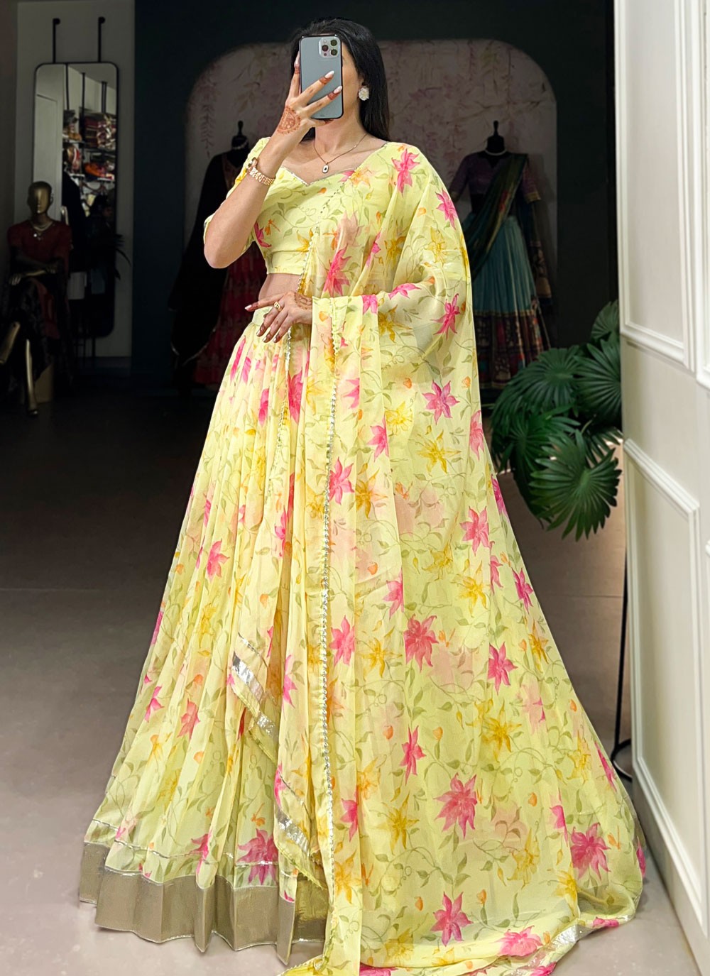 Floral Printed Silk Yellow Lehenga - L3416