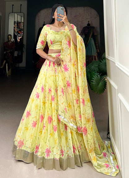 Floral Printed Silk Yellow Lehenga - L3416