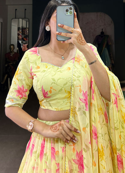 Floral Printed Silk Yellow Lehenga - L3416