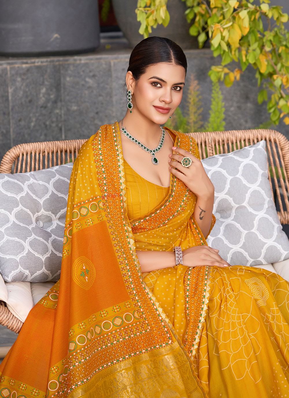 Yellow Cotton Trendy Saree Foliage Prints S15919