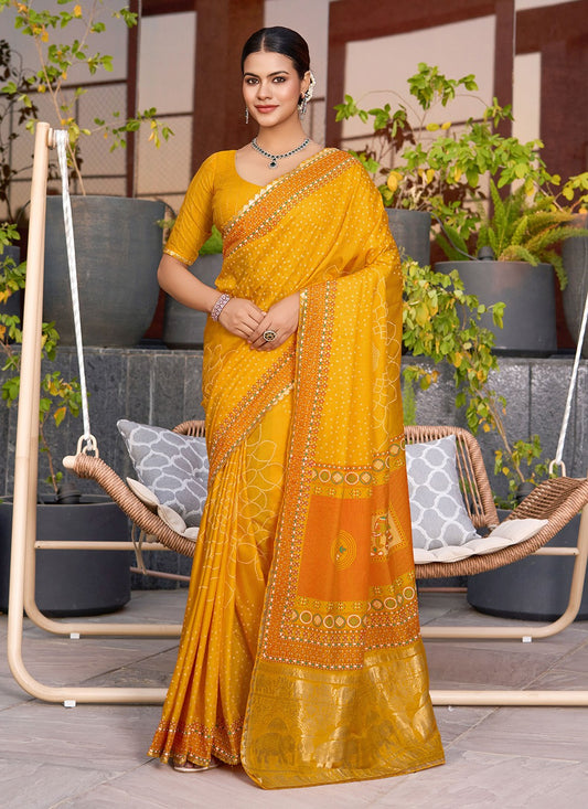 Yellow Cotton Trendy Saree Foliage Prints S15919