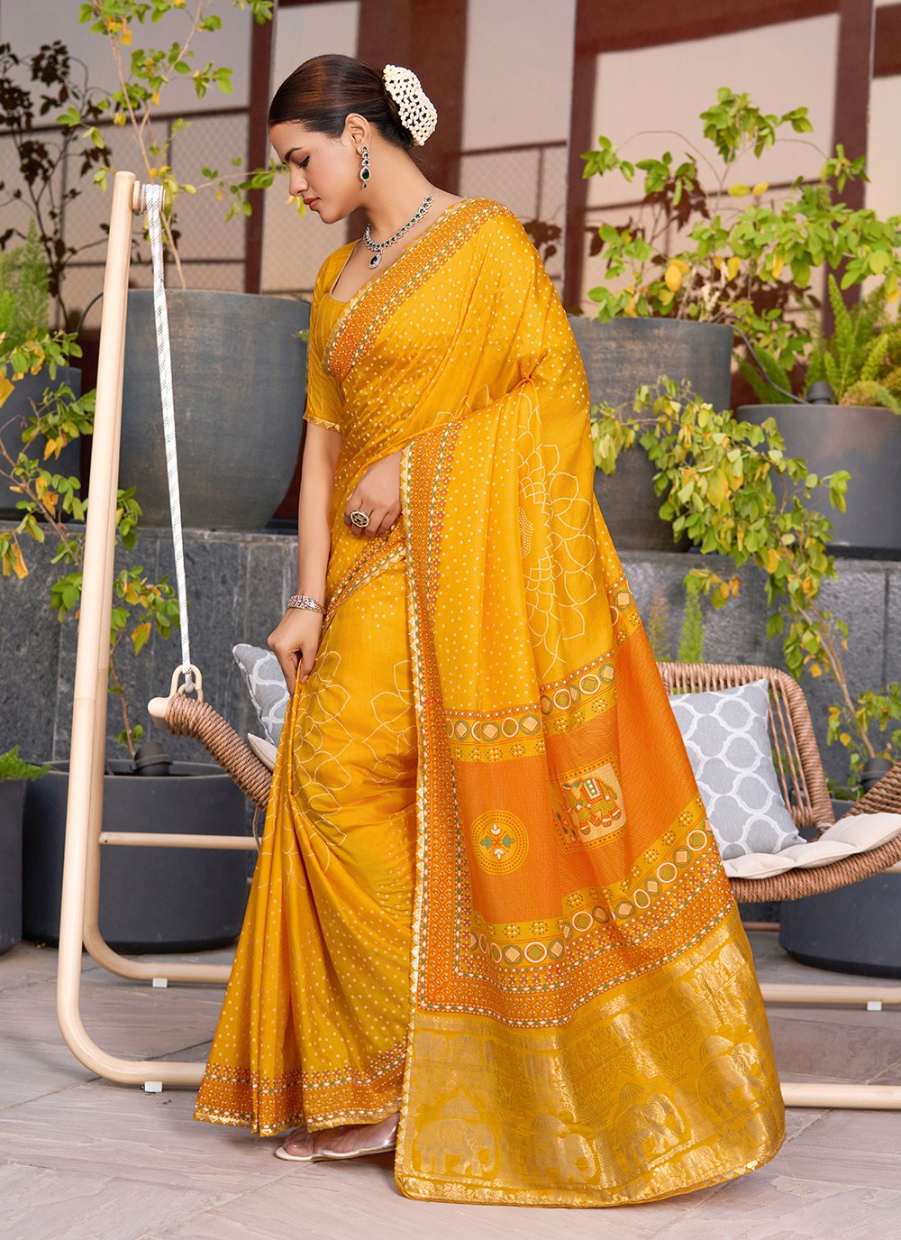 Yellow Cotton Trendy Saree Foliage Prints S15919