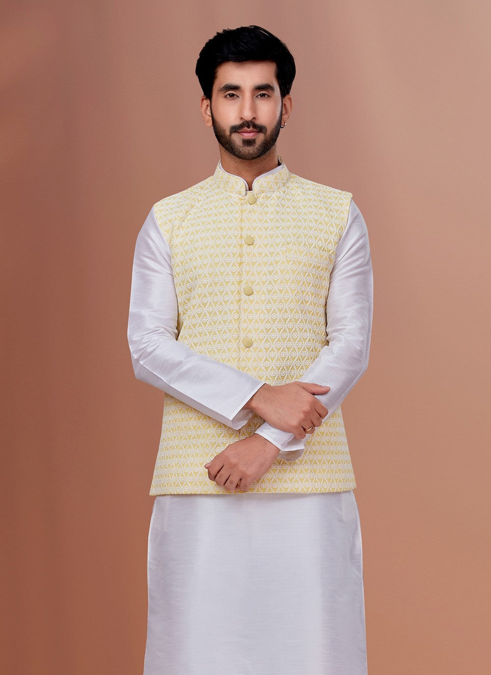 Embroidered Georgette Yellow Nehru Jackets - M7375